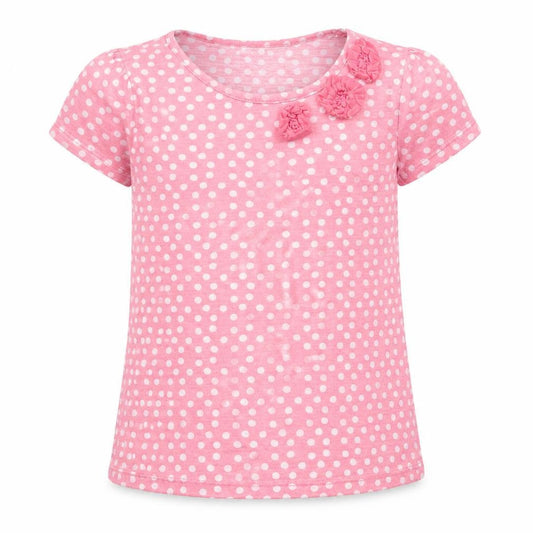 Front view of John Lewis girls’ pink polka dot basic t-shirt, size 6, years