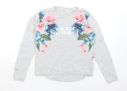 H&M Girls Grey Floral  Pullover Sweatshirt Size 11-12 Years