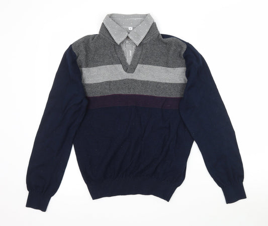 Preworn Mens Blue Striped Knit Pullover Jumper Size M