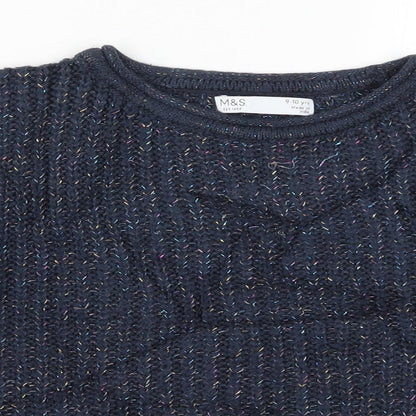 Marks and Spencer Girls Blue Striped Knit Pullover Jumper Size 9-10 Years