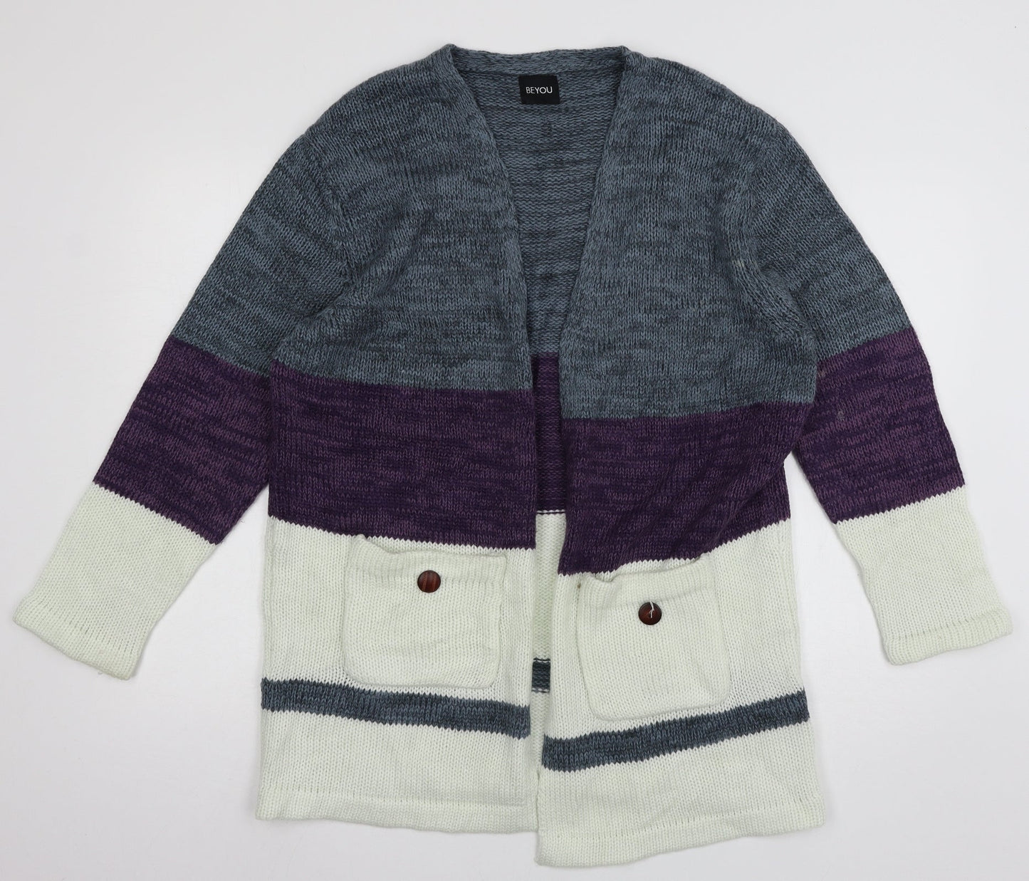 Be You Womens White Striped Knit Cardigan Jumper Size 8