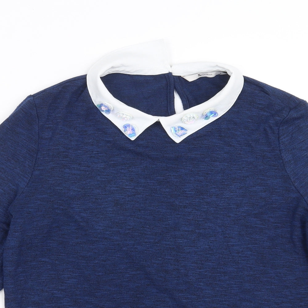 TU Womens Blue  Knit Pullover Jumper Size 8  - floral beading detail
