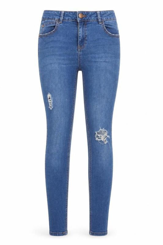 Front view of /denim women’s blue denim tapered jeans, size UK 8, 29-inch leg
