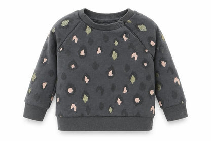 Front view of Primark girls’ grey animal print jumper, size 3-6, months