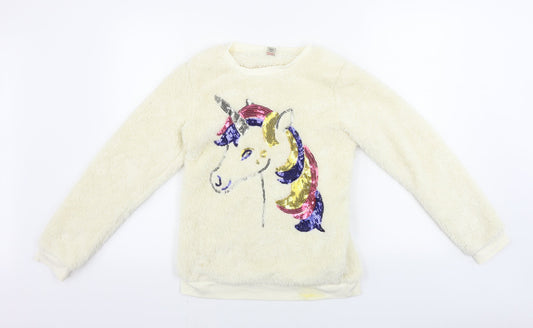 TU Boys Beige   Pullover Jumper Size 13 Years  - Sequin Unicorn