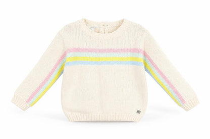 Front view of River Island boys’ ivory striped henley jumper, size 3-6, months