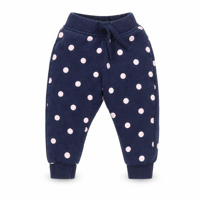 Front view of Primark Baby Blue Polka Dot Jogger Trousers, size 9, Months