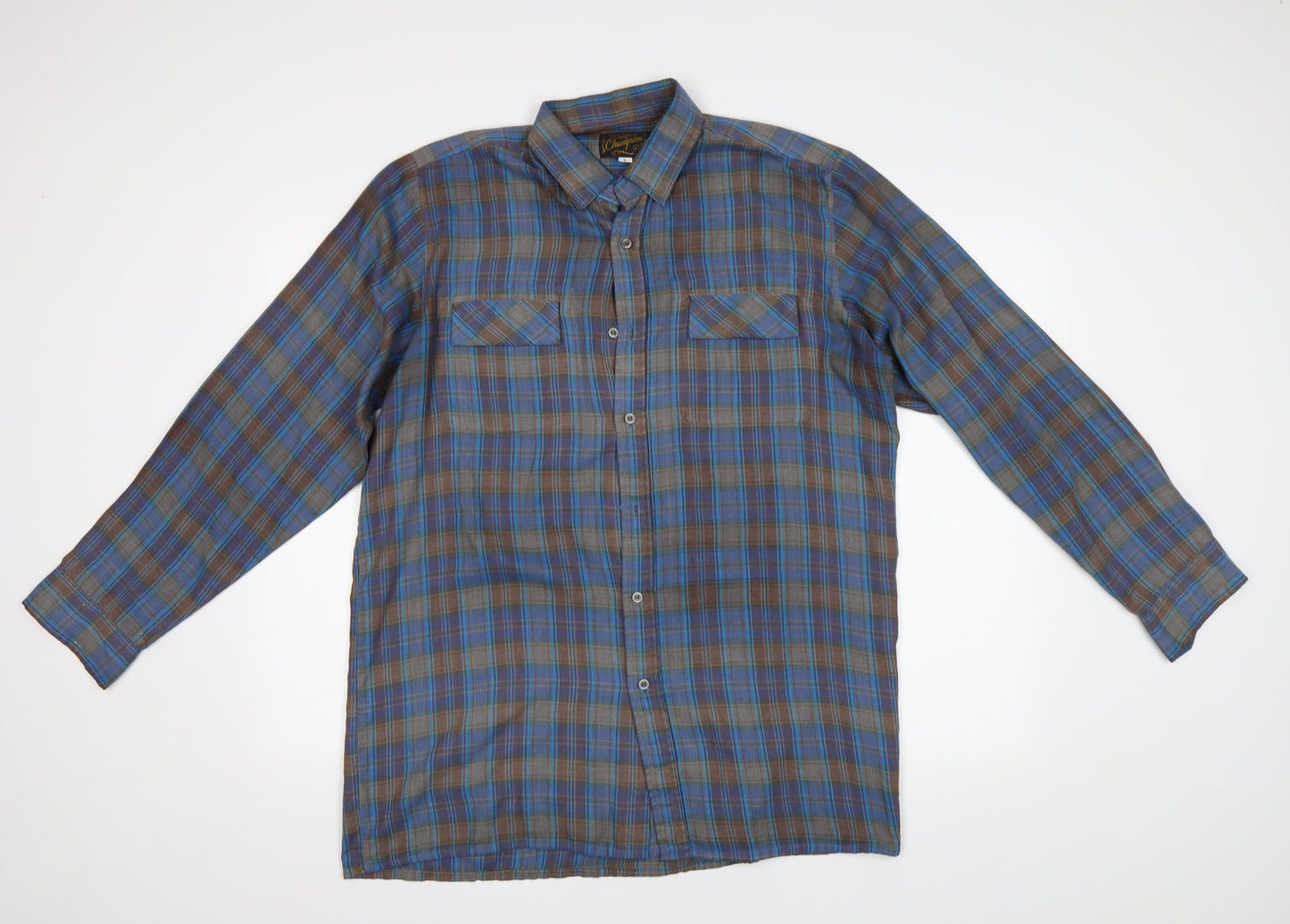 Super Champion Mens Blue Check   Button-Up Size L