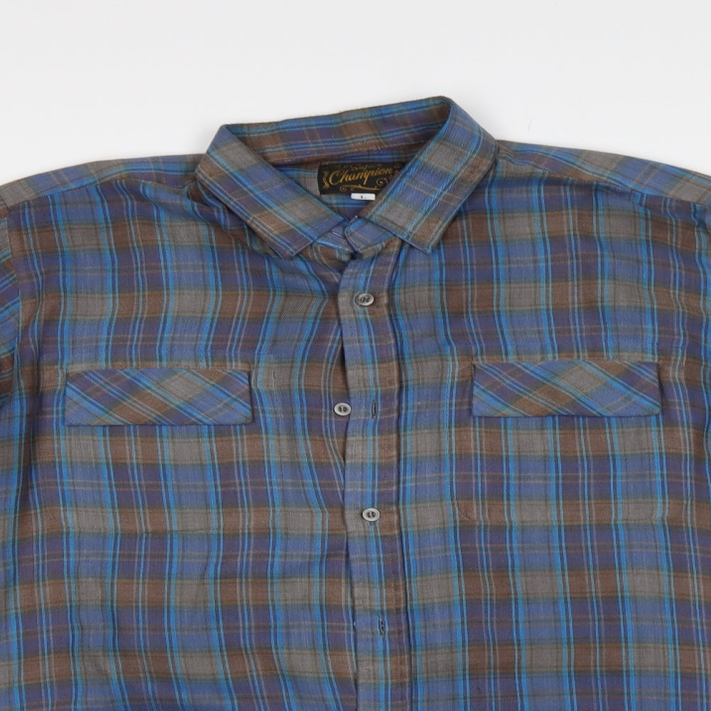 Super Champion Mens Blue Check   Button-Up Size L