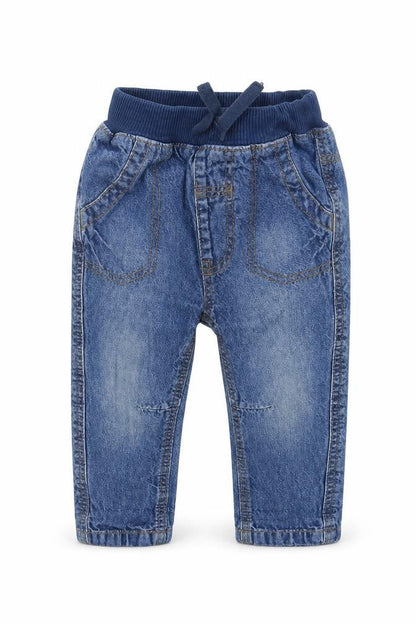 Front view of George boys’ blue denim cargo jeans, size 6-9, months