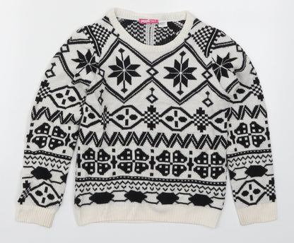 Pepperts Girls White Geometric Knit Pullover Jumper Size 6-7 Years  - Black and White