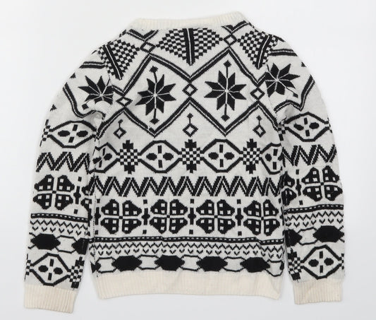 Pepperts Girls White Geometric Knit Pullover Jumper Size 6-7 Years  - Black and White