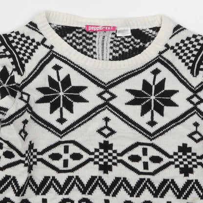 Pepperts Girls White Geometric Knit Pullover Jumper Size 6-7 Years  - Black and White