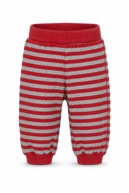 Front view of H&M boys’ red striped jersey jogger trousers, size 3-6, months