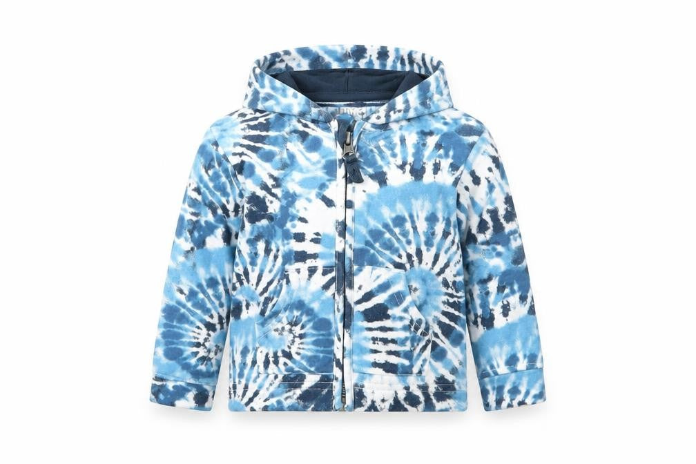 Front view of Nutmeg girls’ blue geometric full zip jumper, size 3-6, months