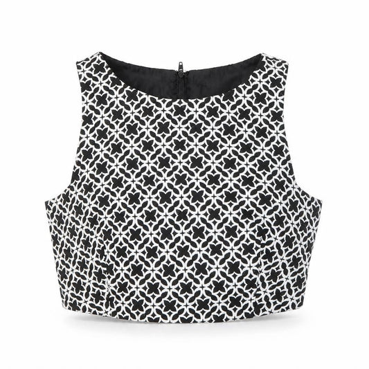 Front view of Miss Selfridge women’s black argyle/diamond cropped tank, size UK 6