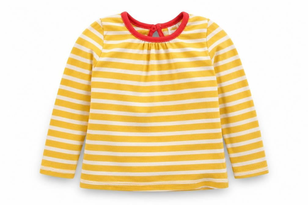Front view of Mini Club girls’ yellow striped basic t-shirt, size 6-9, months
