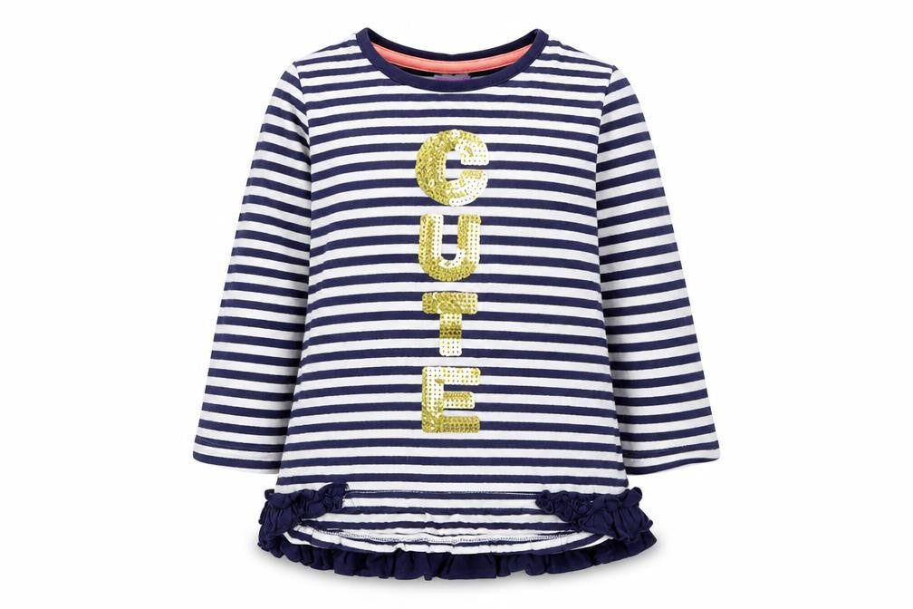 Front view of F&F girls’ blue striped basic t-shirt, size 12-18, months