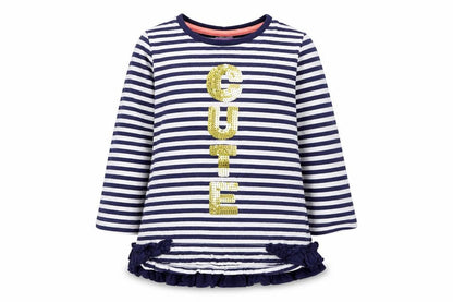 Front view of F&F girls’ blue striped basic t-shirt, size 12-18, months