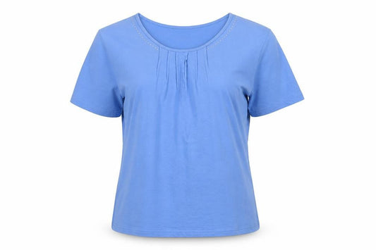 Front view of Anne De Lancay women’s blue basic t-shirt, size L