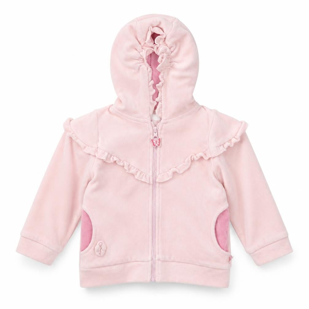 Front view of coccodrillo girls’ pink full zip jumper, size 6-9, months