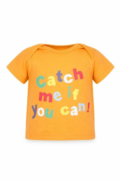 Front view of Nutmeg Baby Orange Basic T-Shirt, size 0-3, Months - catch me if you can
