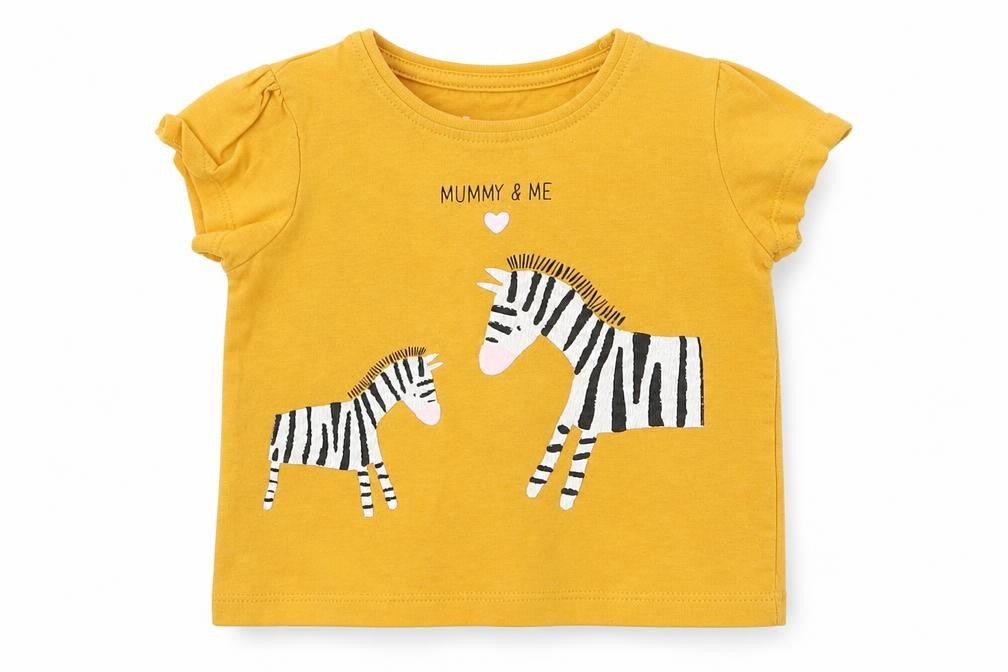 Front view of Primark girls’ yellow basic t-shirt, size 12-18, months - mummy and me zebra
