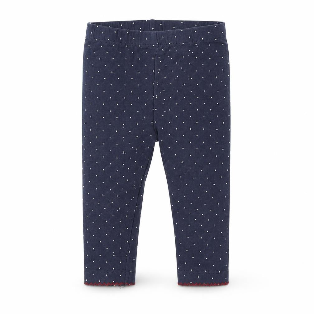 Front view of Nutmeg boys’ blue spotted jogger leggings, size 3-6, months