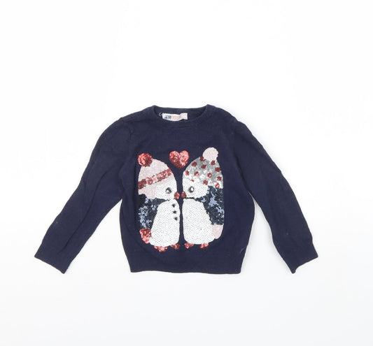 H&M Girls Blue   Pullover Jumper Size 2 Years  - Penguin