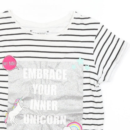 Primark Girls White Striped  Basic T-Shirt Size 9-10 Years  - Embrace Your Inner Unicorn