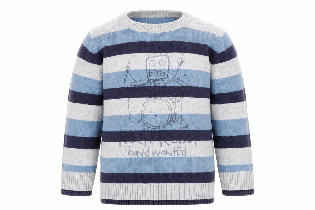 Front view of Preworn boys’ blue striped knit jumper, size 9-12, months - rock band