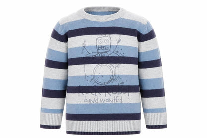 Front view of Preworn boys’ blue striped knit jumper, size 9-12, months - rock band