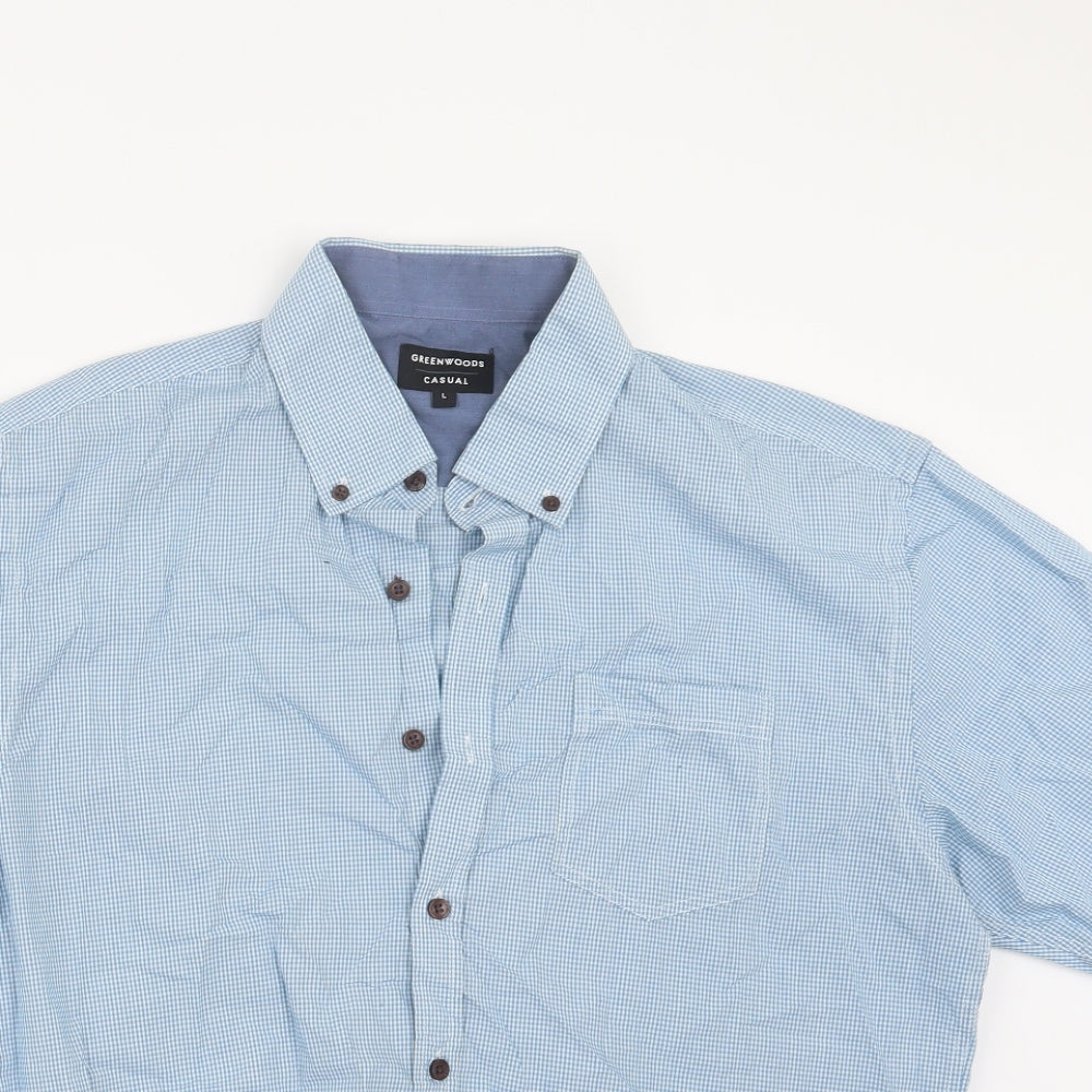 Mens UK Size L Greenwoods Blue  Button-Up Short Sleeve Casual Shirt