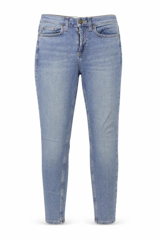 Front view of BDG women’s blue skinny jeans, size UK 25, in, 28-inch leg