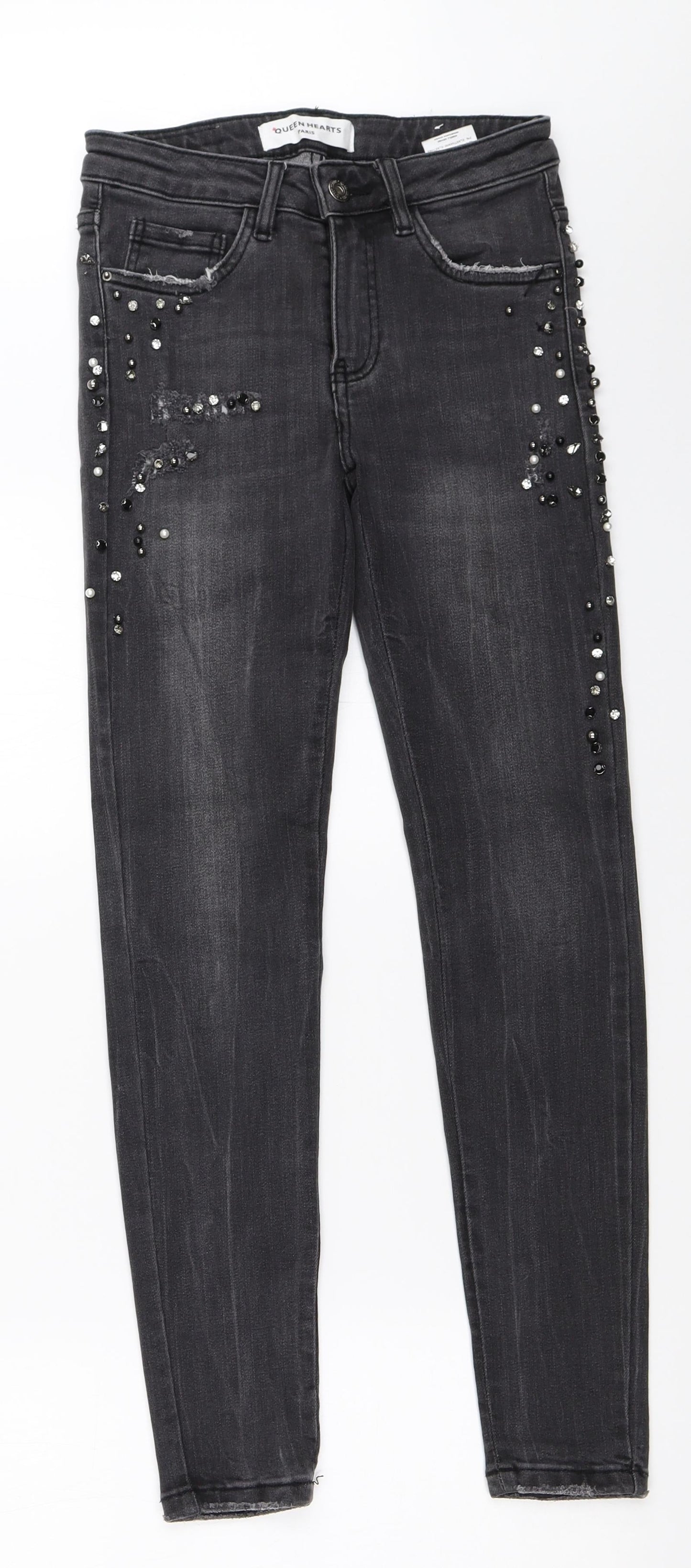 Queen Hearts Womens Grey  Denim Skinny Jeans Size XS L27 in