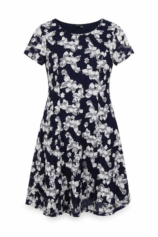 Front view of izabel women’s blue floral a-line, size UK 10