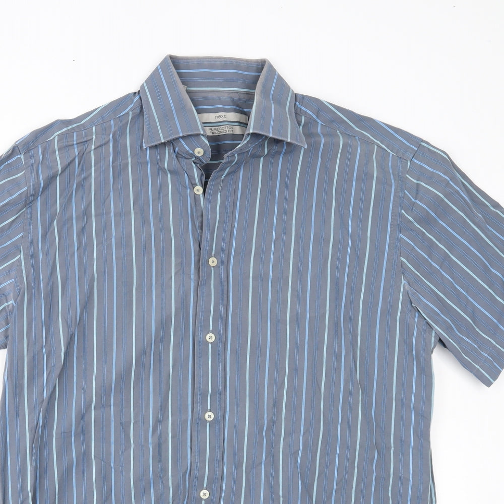 Mens UK Size 16 NEXT Blue  Button-Up Short Sleeve Casual Shirt