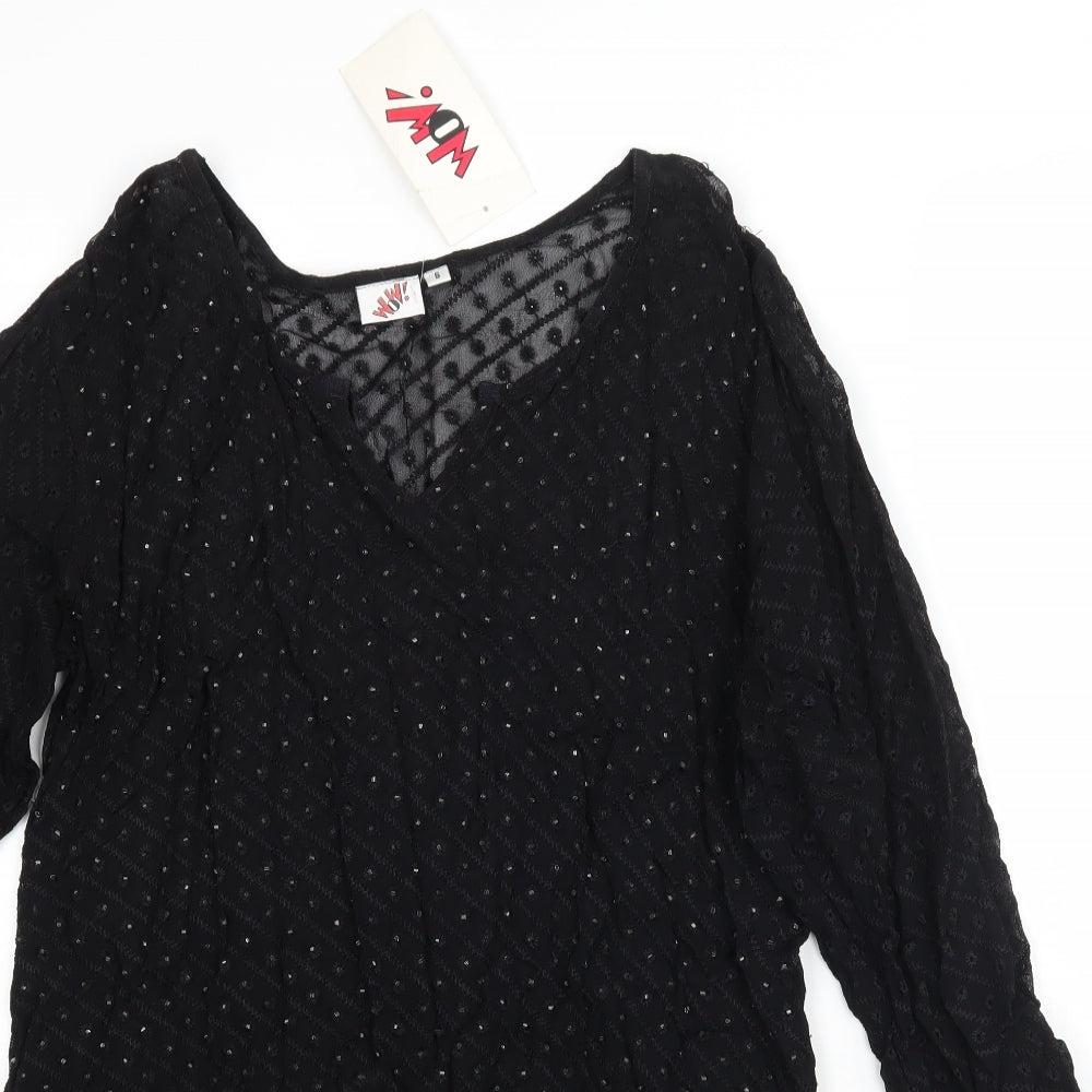 WOW Womens Black  Mesh Fit & Flare  Size S  - Flower embroidery short Dress/Long top