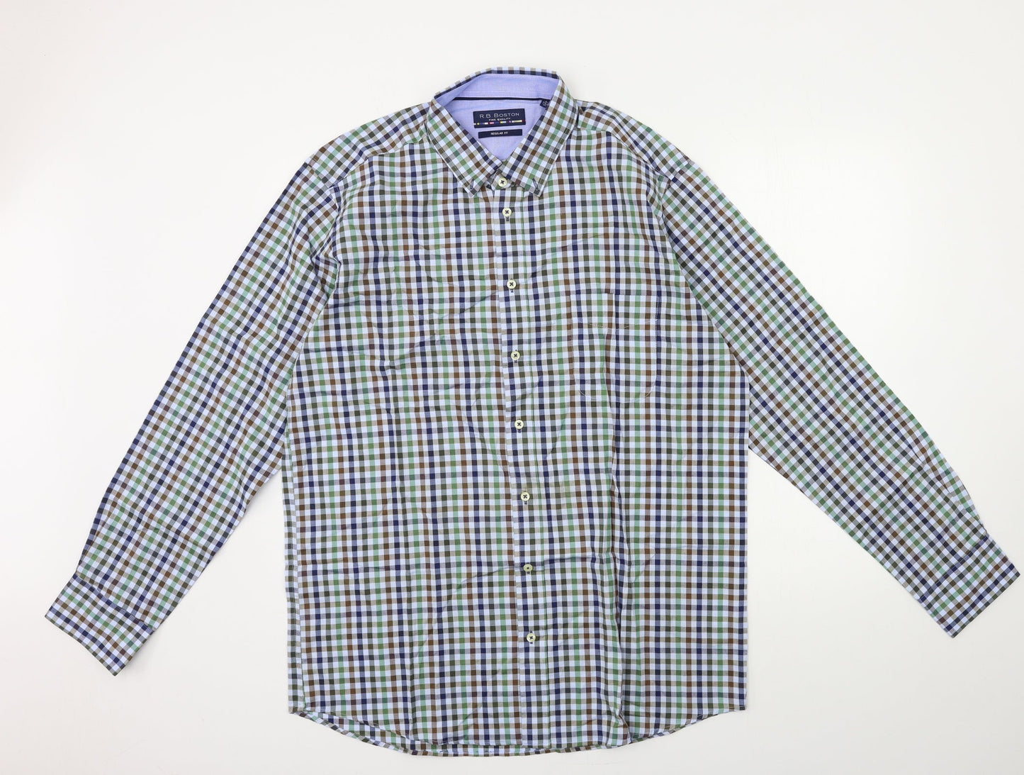 R B BOSTON Mens Blue Check   Button-Up Size XL
