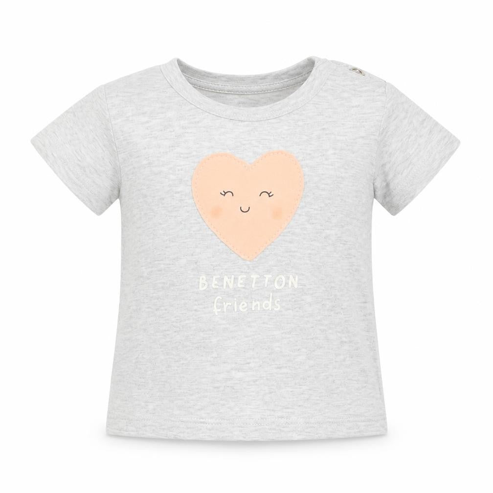 Front view of United Colors of Benetton girls’ grey basic t-shirt, size 3-6, months - heart