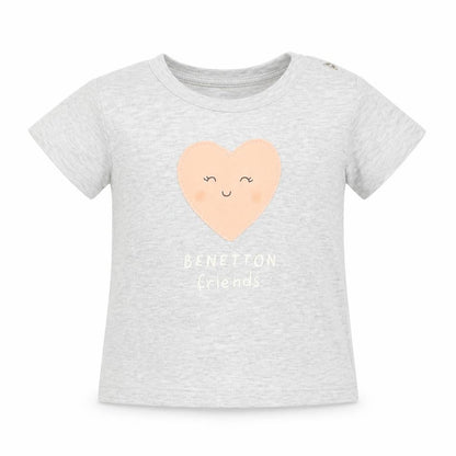 Front view of United Colors of Benetton girls’ grey basic t-shirt, size 3-6, months - heart