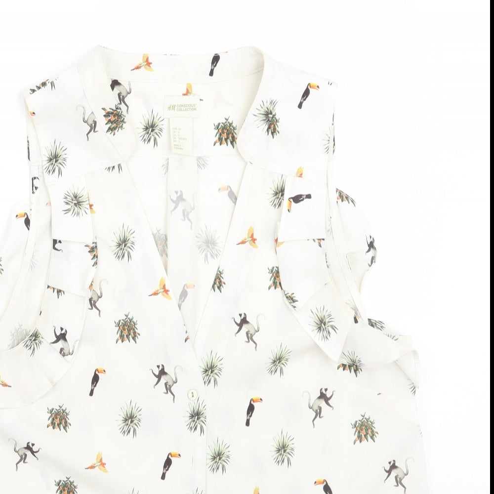 H&M< Womens Ivory Animal Print  Basic Button-Up Size 6