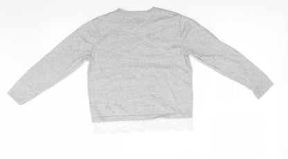 One Friday Girls Grey Floral  Pullover Jumper Size 7-8 Years  - Lace Hem Butterfly Print