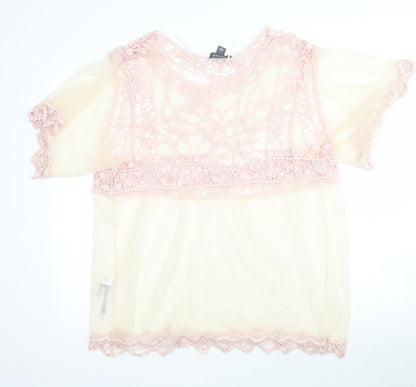 Primark Womens Pink  Mesh Basic Blouse Size L  - Light yellow / peach Lace