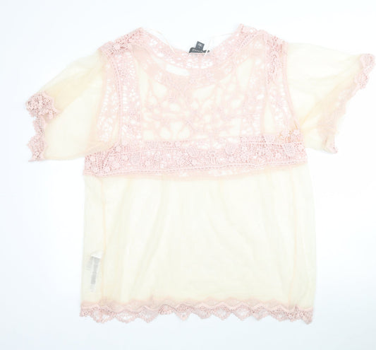 Primark Womens Pink  Mesh Basic Blouse Size L  - Light yellow / peach Lace