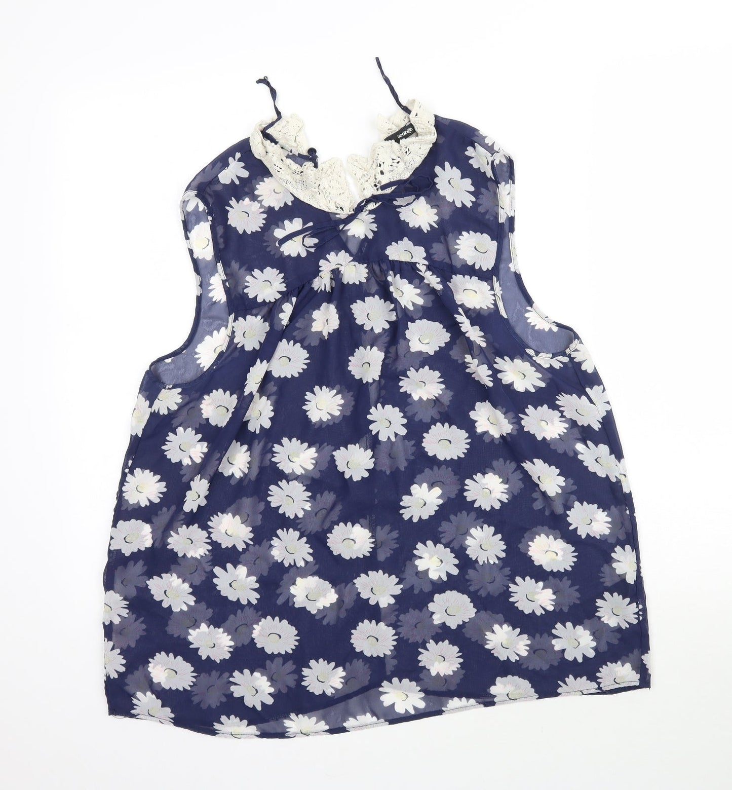 George Womens Blue Floral Mesh Basic Blouse Size 14