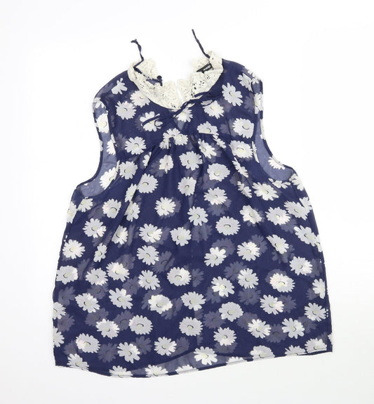 George Womens Blue Floral Mesh Basic Blouse Size 14