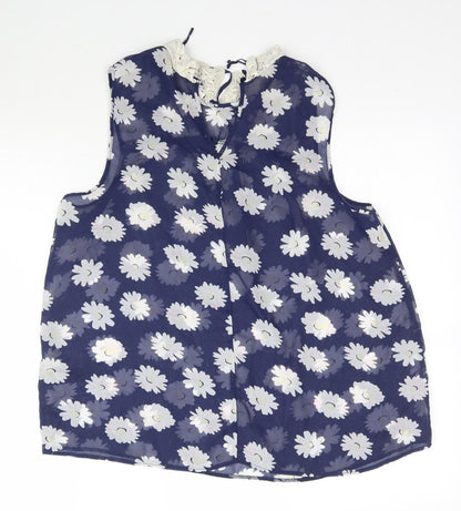 George Womens Blue Floral Mesh Basic Blouse Size 14