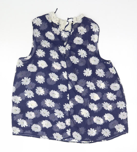 George Womens Blue Floral Mesh Basic Blouse Size 14