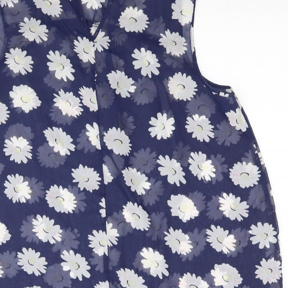 George Womens Blue Floral Mesh Basic Blouse Size 14
